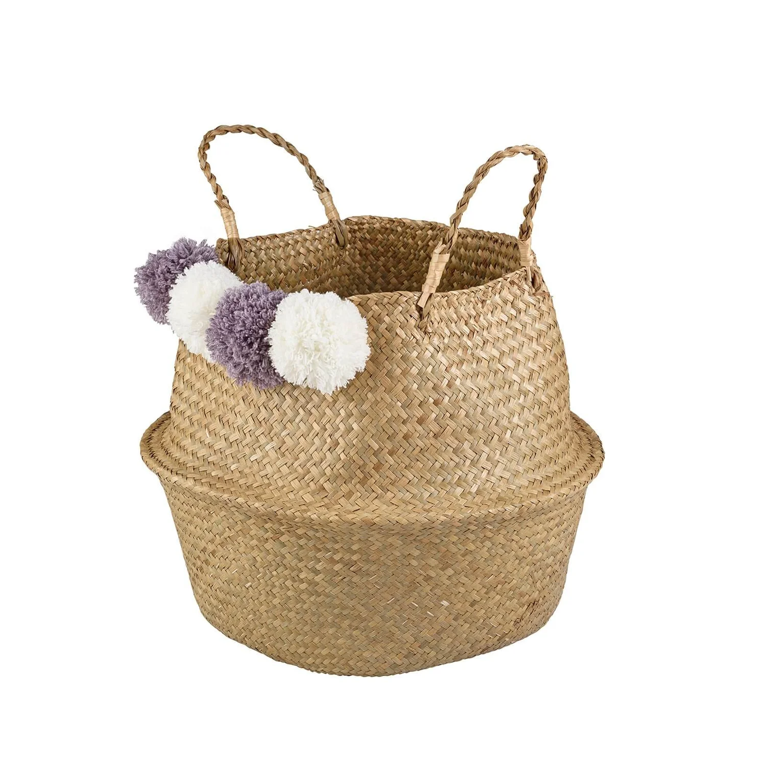 Seagrass Foldable Basket With Pom Poms 4 Seagrass Foldable Basket With Pom Poms - Image 2
