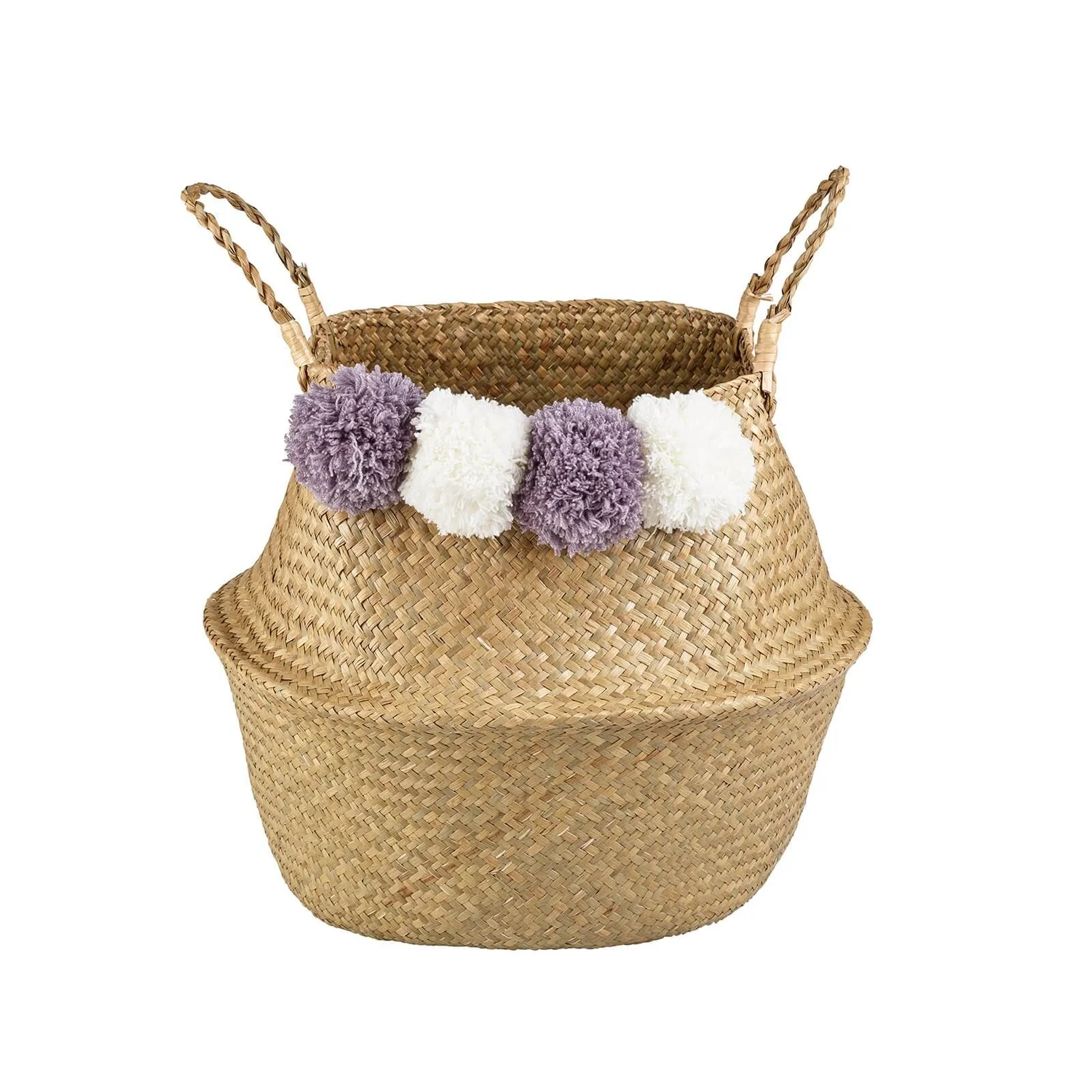Seagrass Foldable Basket With Pom Poms 3 Seagrass Foldable Basket With Pom Poms
